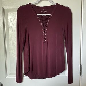 American Eagle burgundy v-neck long sleeve top